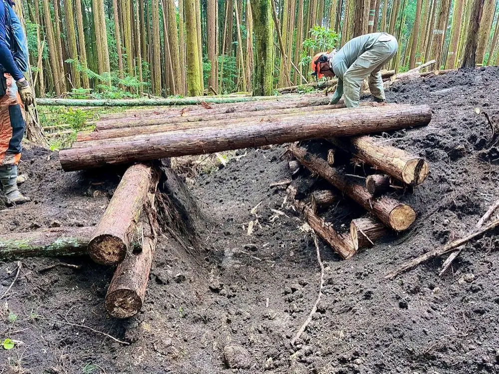 丸太を組んだ路体の施工